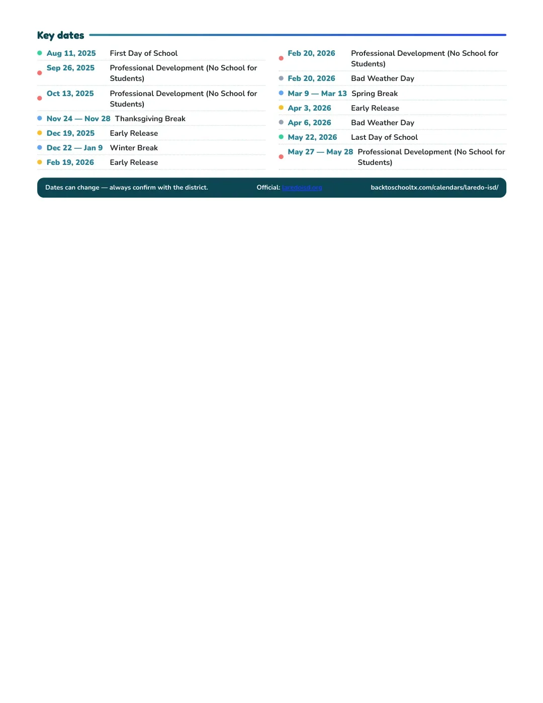 Laredo ISD Calendar for the Year 26-27 — key dates