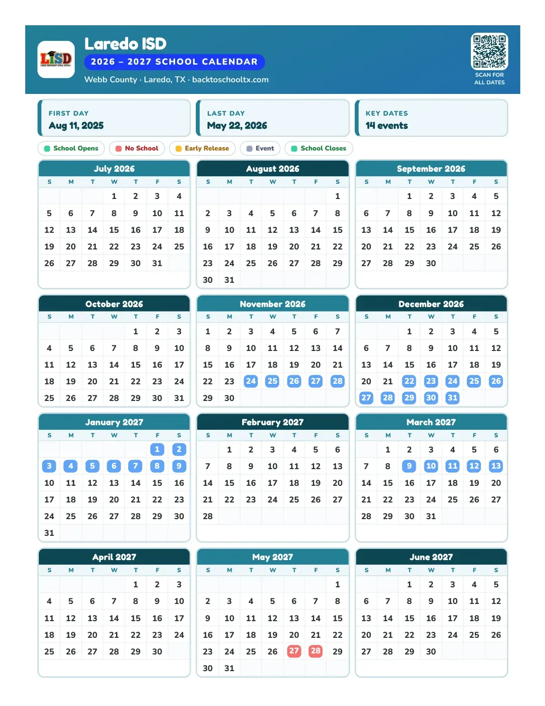 Laredo ISD Calendar for the Year 26-27