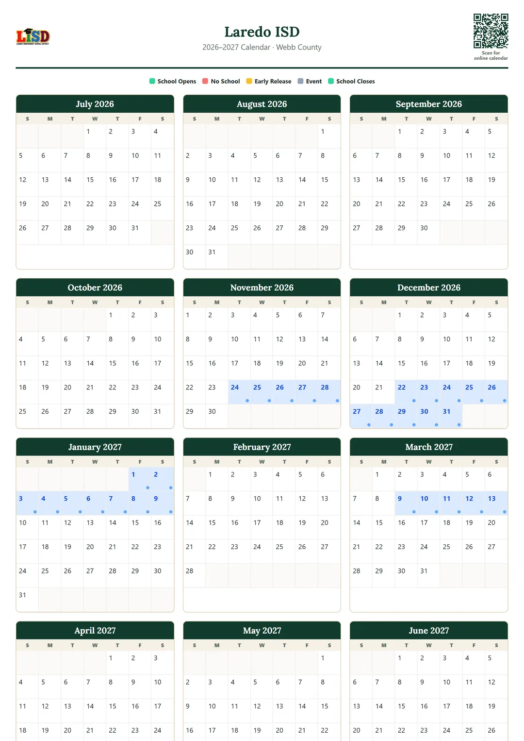 Laredo ISD printable 2026–2027 calendar