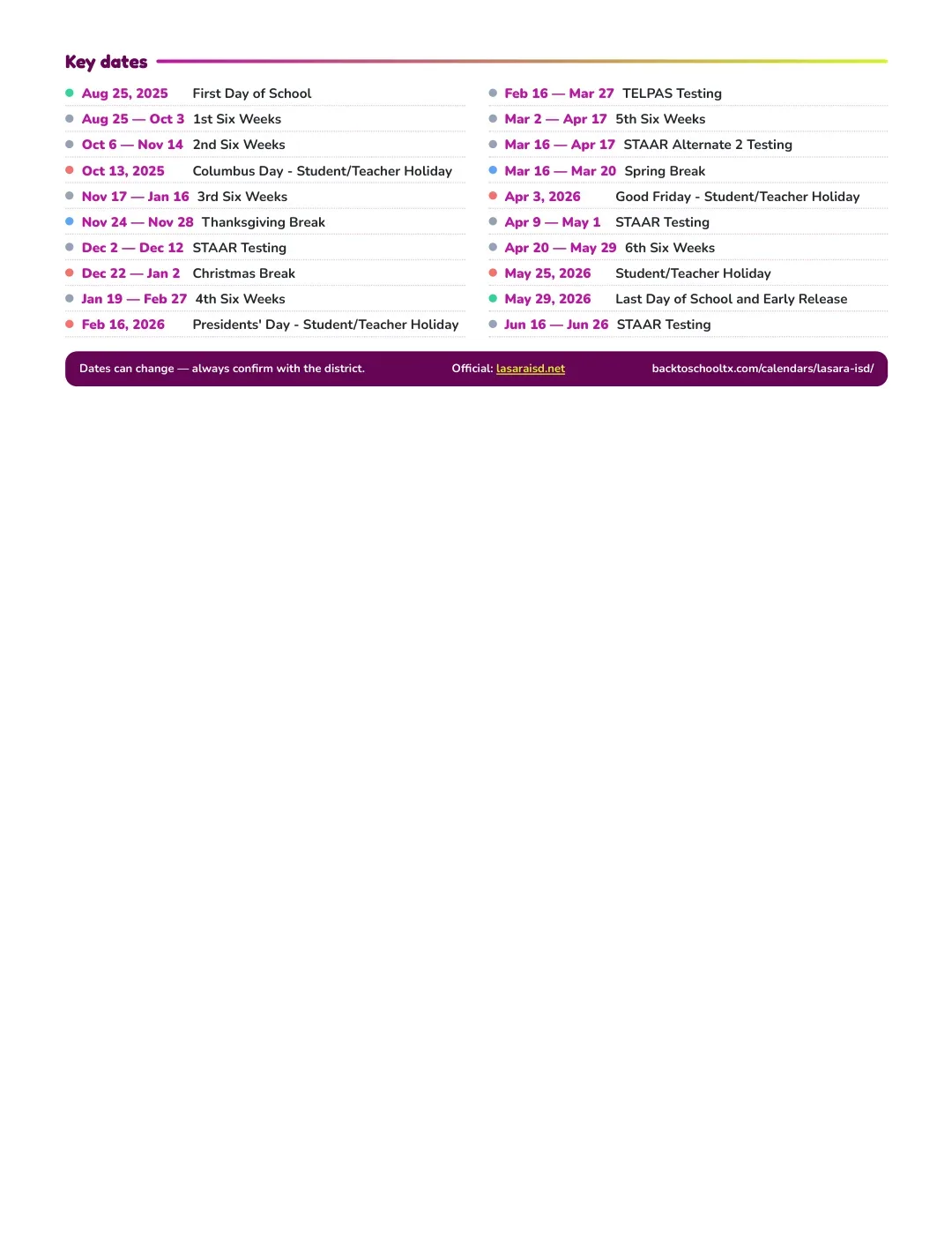 Lasara ISD Calendar for the Year 26-27 — key dates