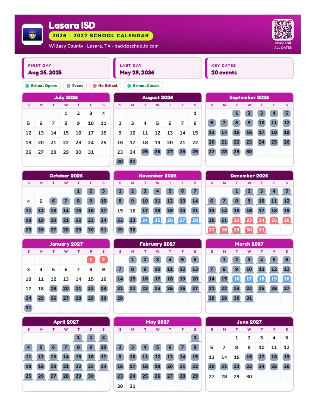 Lasara ISD Calendar for the Year 26-27