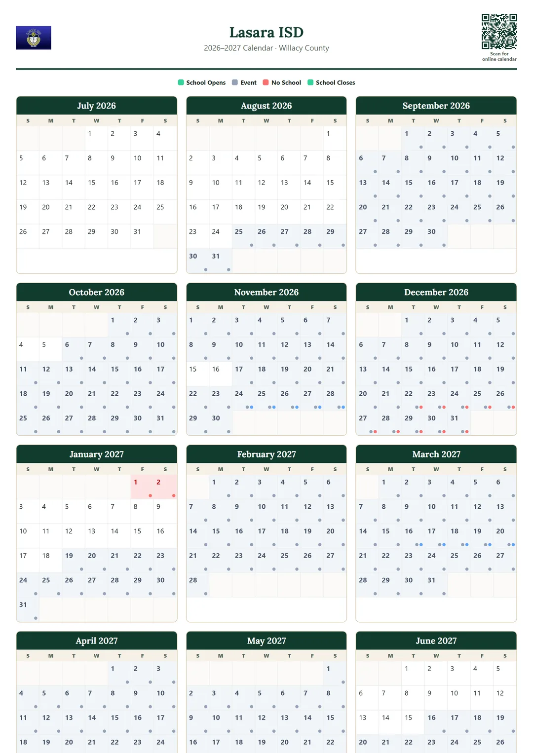 Lasara ISD printable 2026–2027 calendar