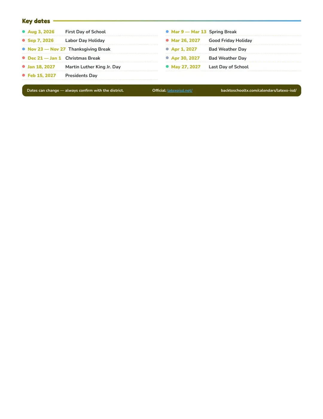 Latexo ISD Calendar for the Year 26-27 — key dates