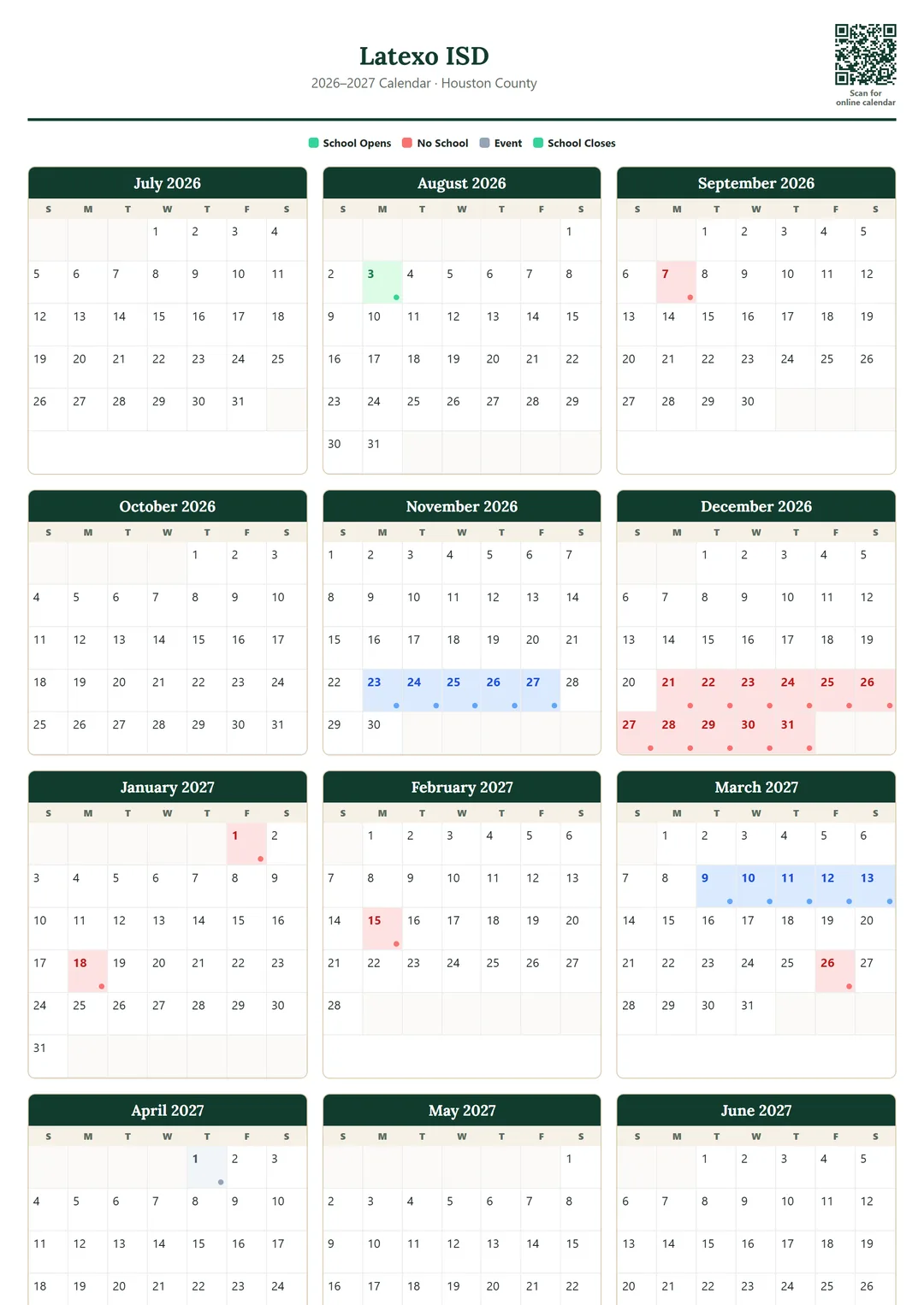 Latexo ISD printable 2026–2027 calendar