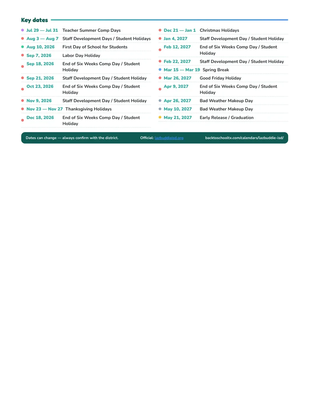 Lazbuddie ISD Calendar for the Year 26-27 — key dates