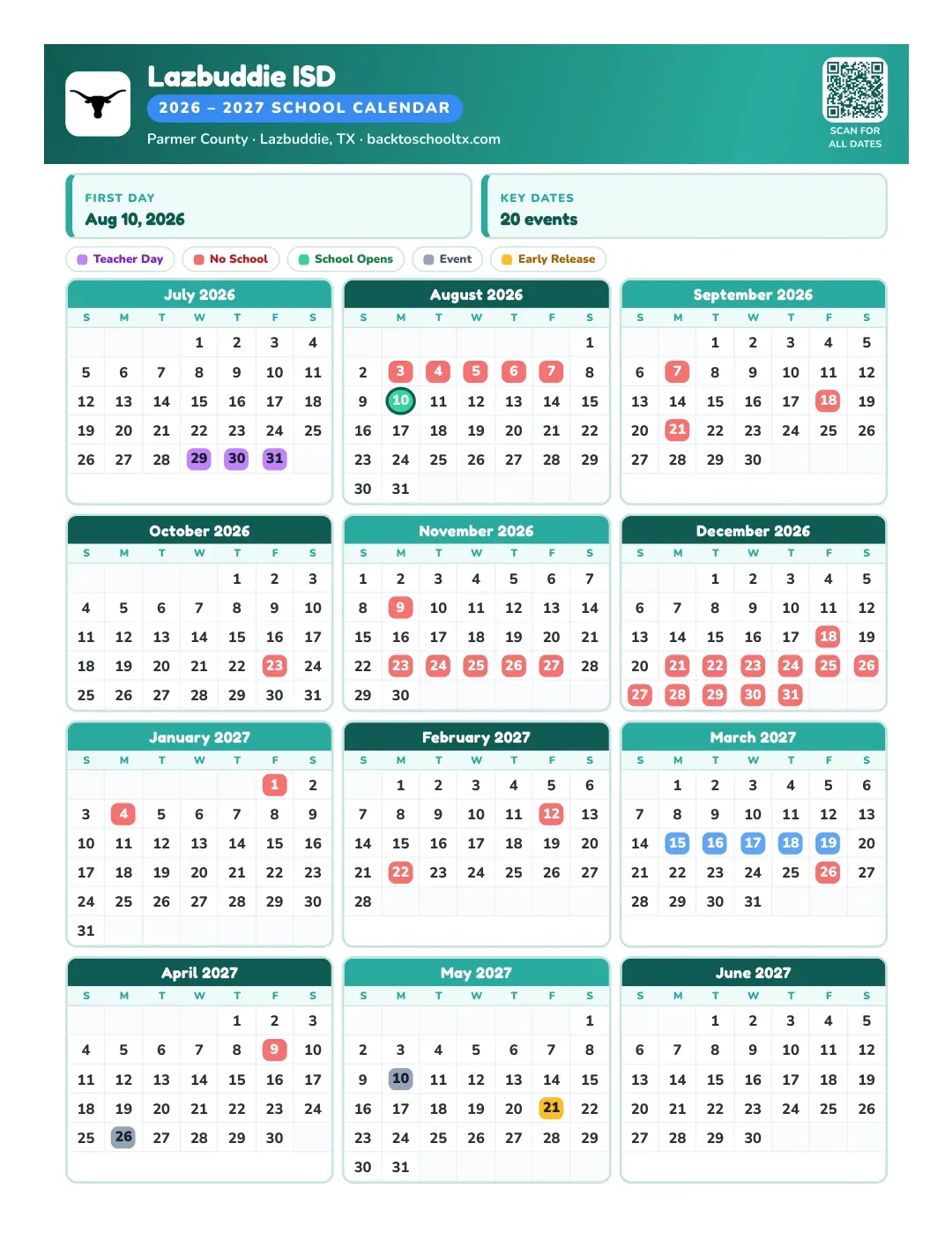 Lazbuddie ISD Calendar for the Year 26-27