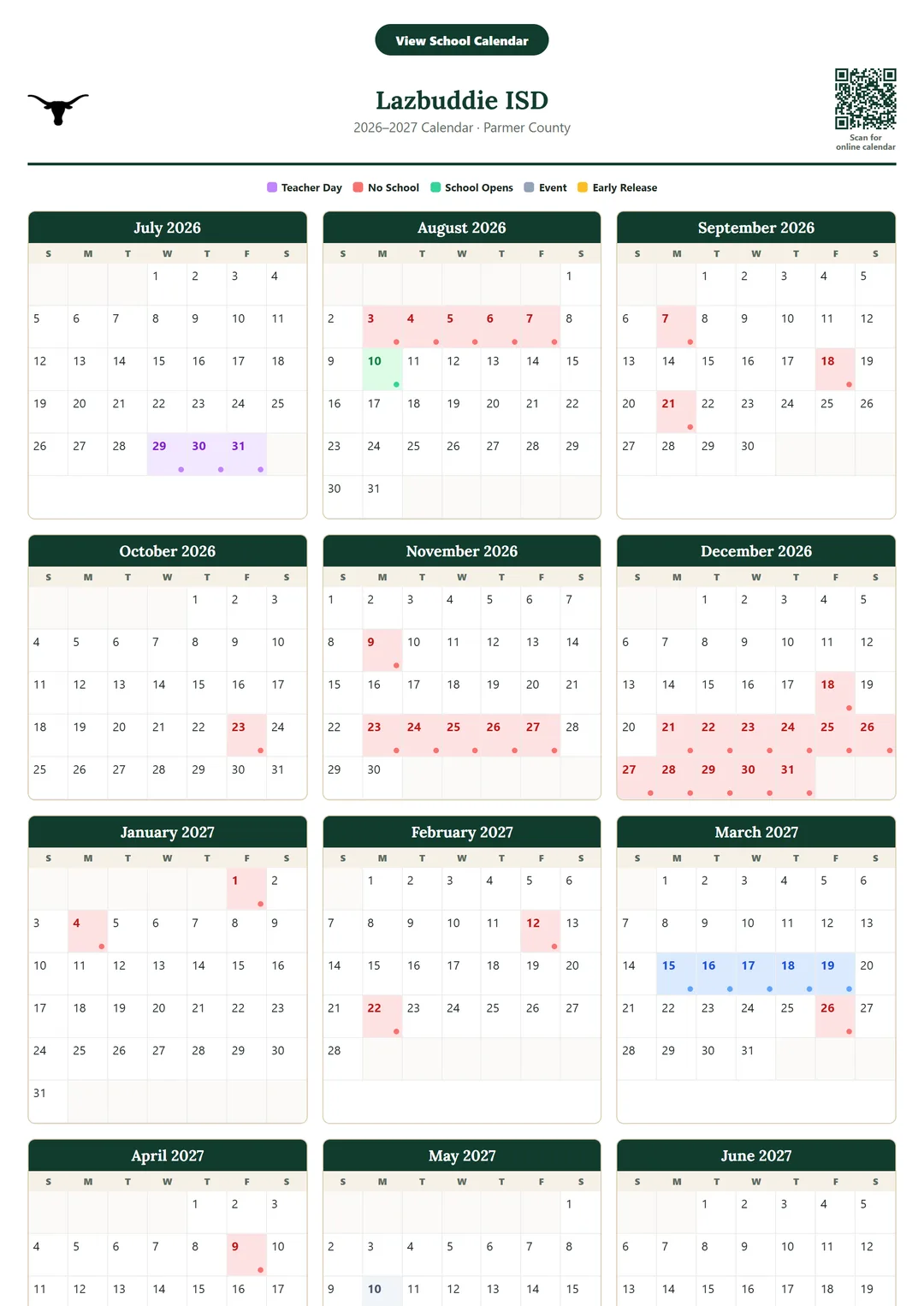 Lazbuddie ISD printable 2026–2027 calendar