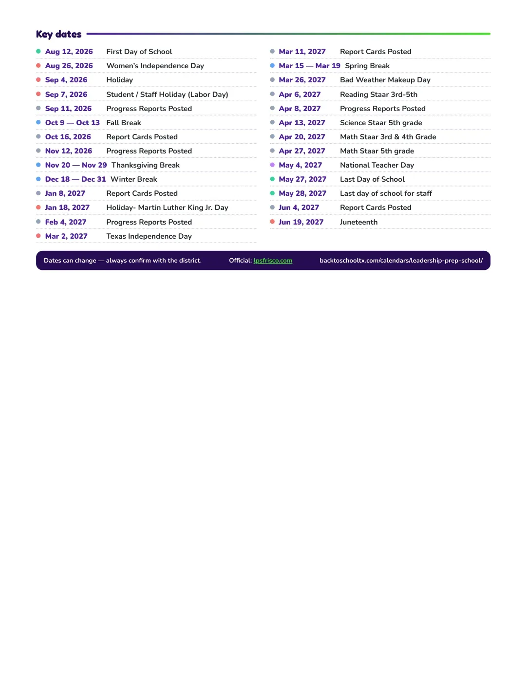 Leadership Prep School Calendar for the Year 26-27 — key dates