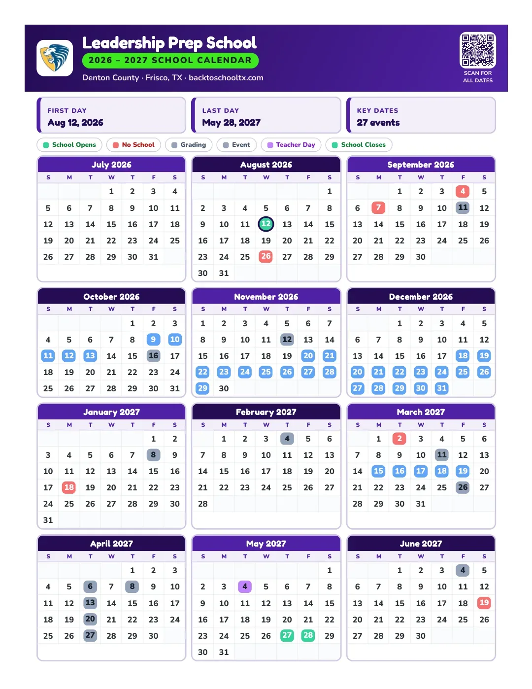 Leadership Prep School Calendar for the Year 26-27