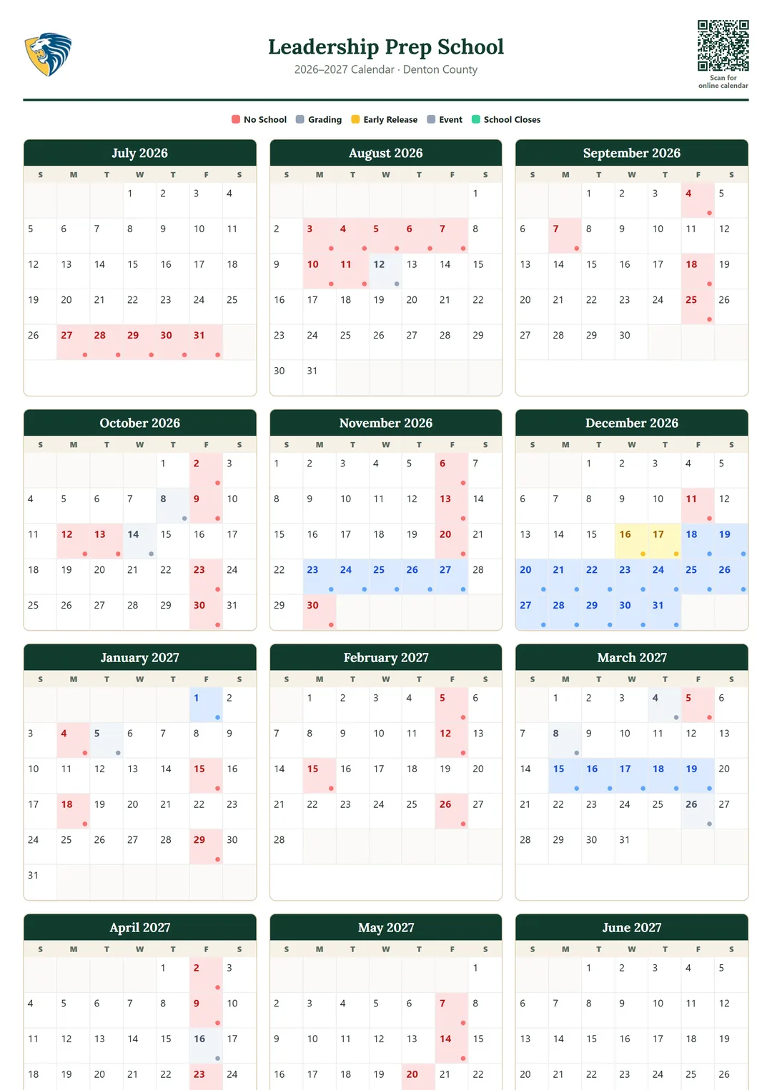 Leadership Prep School printable 2026–2027 calendar
