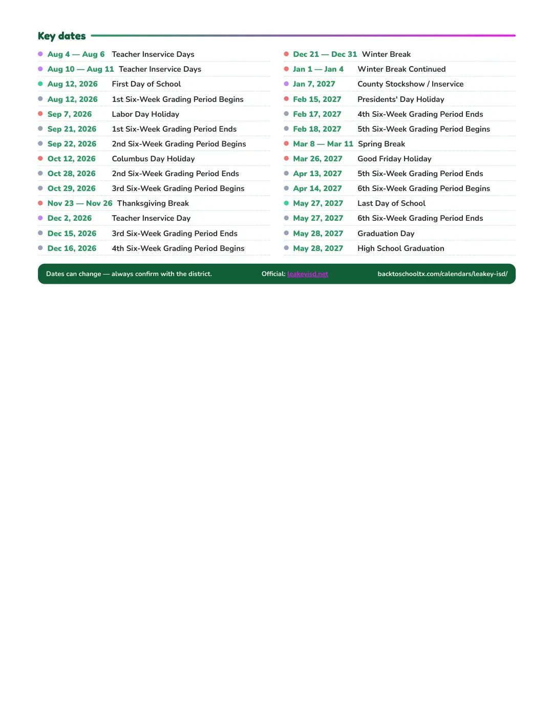 Leakey ISD Calendar for the Year 26-27 — key dates