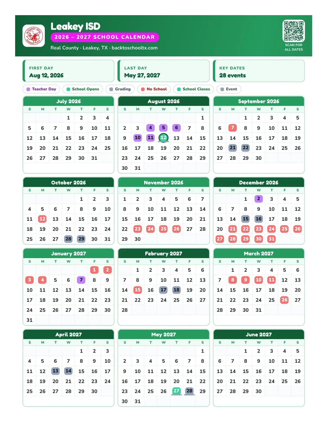 Leakey ISD Calendar for the Year 26-27