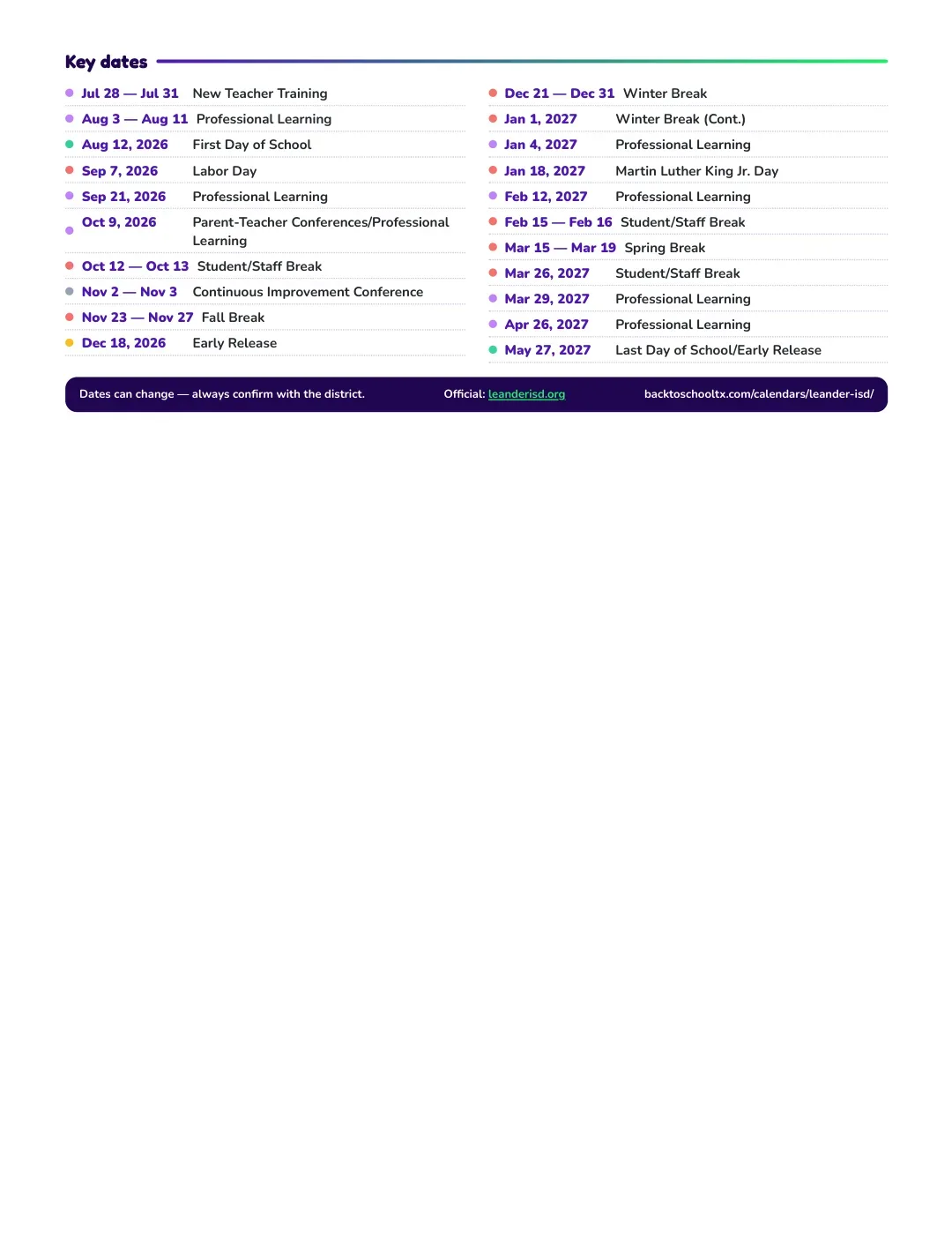 Leander ISD Calendar for the Year 26-27 — key dates