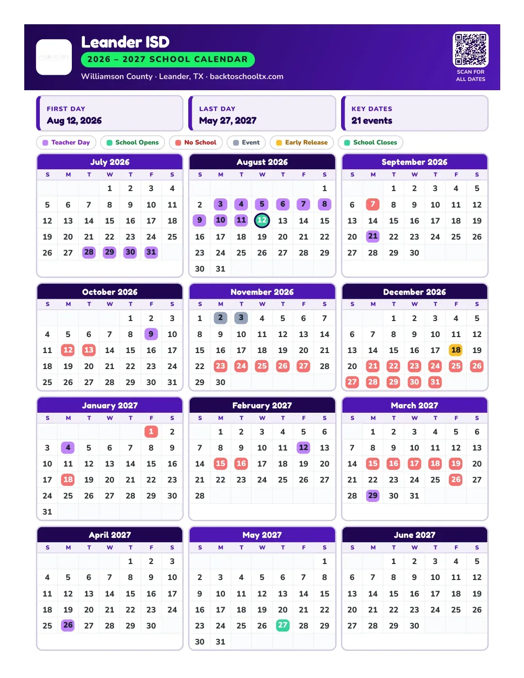 Leander ISD Calendar for the Year 26-27