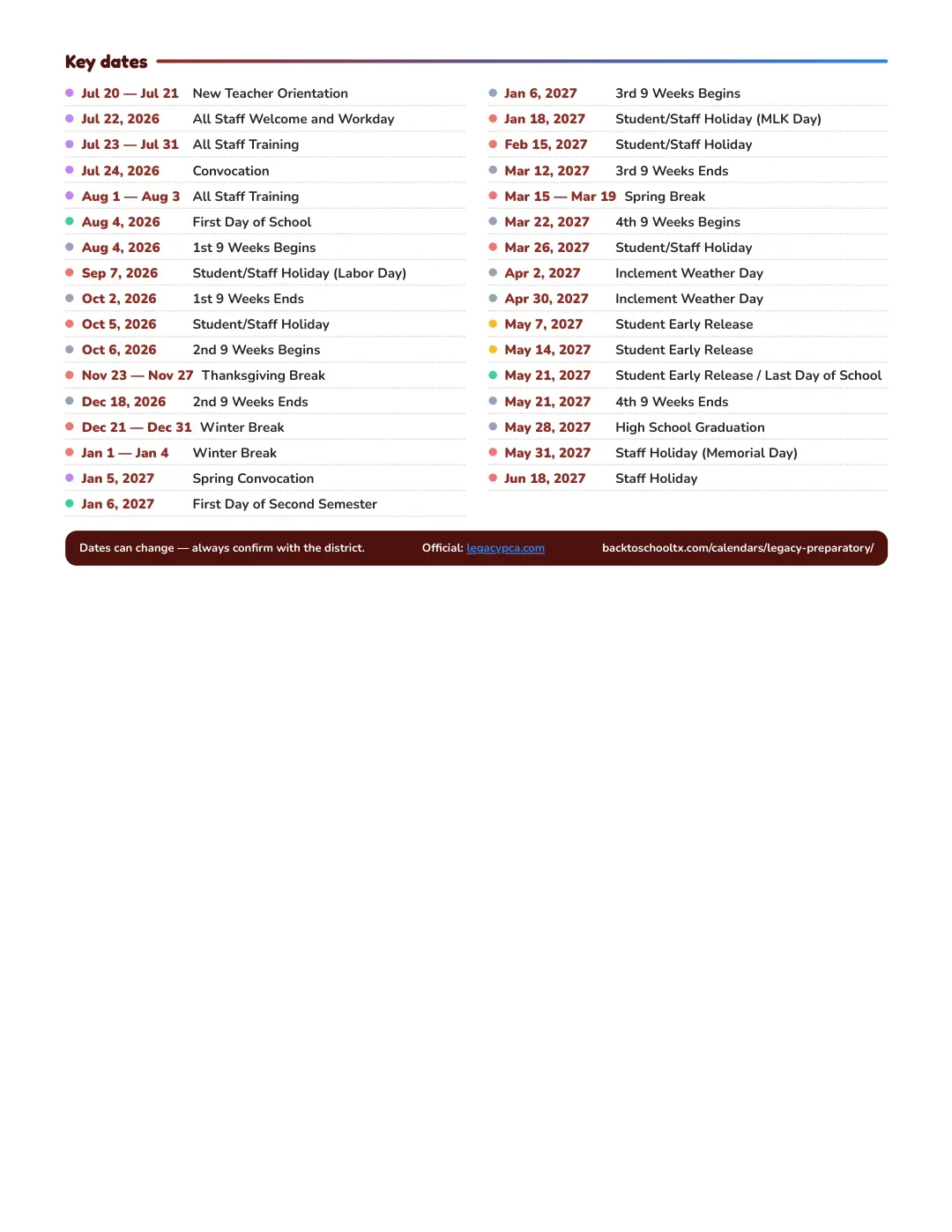 Legacy Preparatory Calendar for the Year 26-27 — key dates