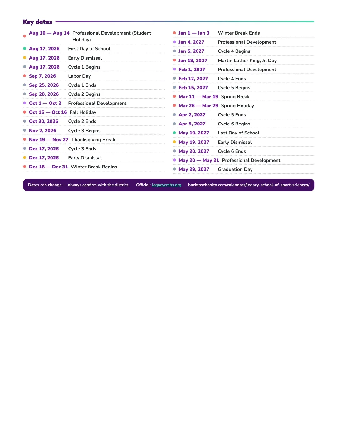 Legacy School Of Sport Sciences Calendar for the Year 26-27 — key dates
