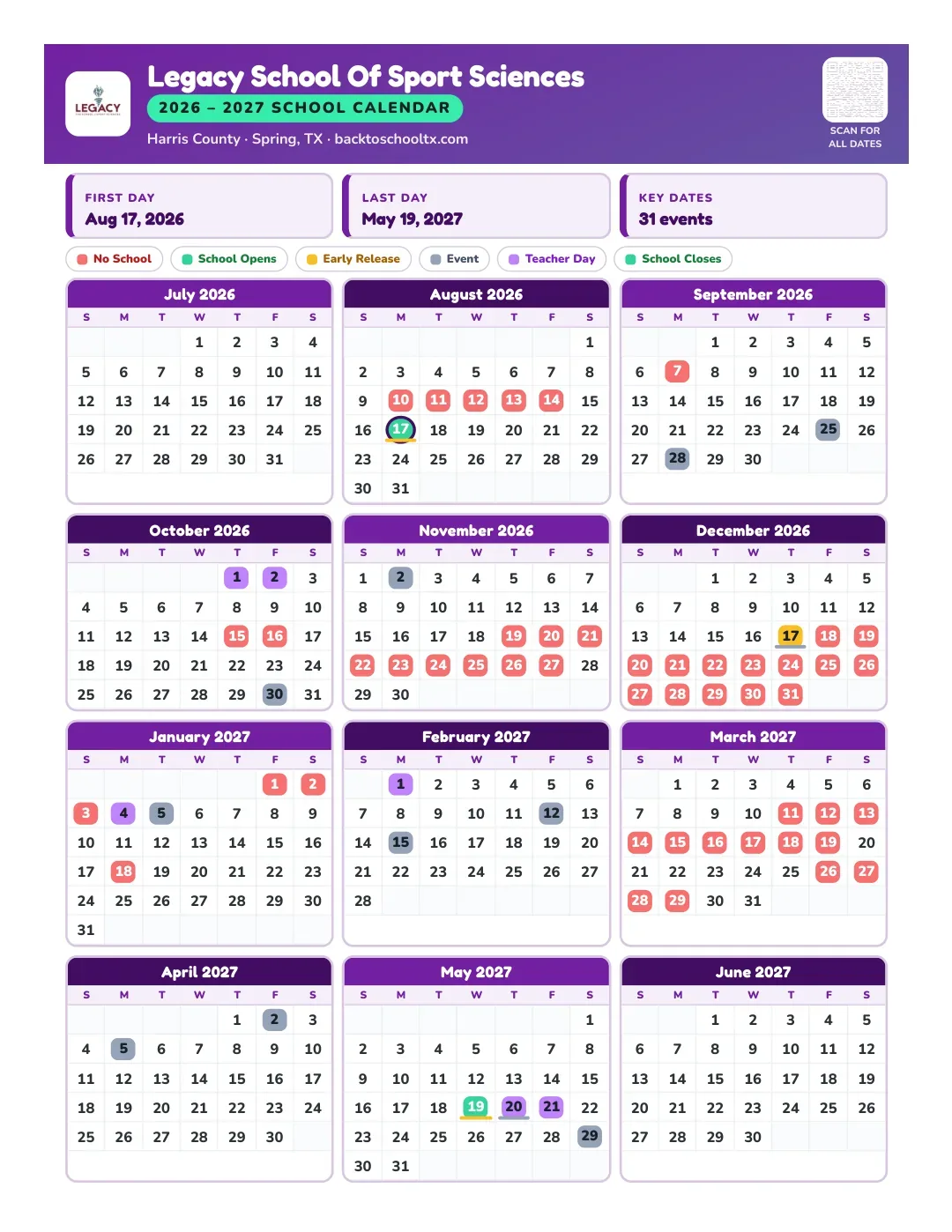 Legacy School Of Sport Sciences Calendar for the Year 26-27