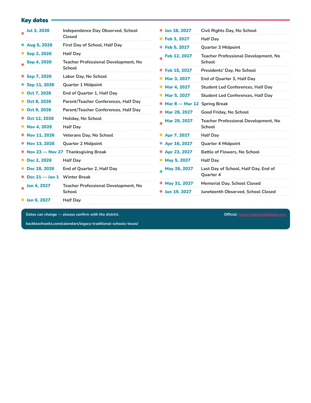 Legacy Traditional Schools - Texas Calendar for the Year 26-27 — key dates
