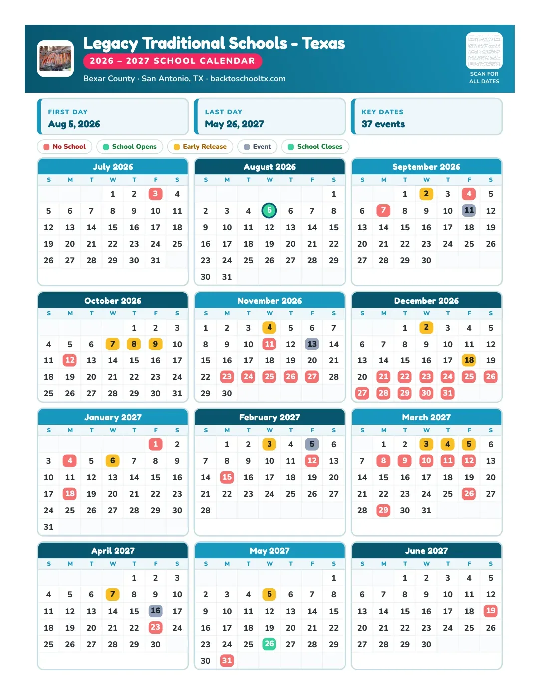 Legacy Traditional Schools - Texas Calendar for the Year 26-27