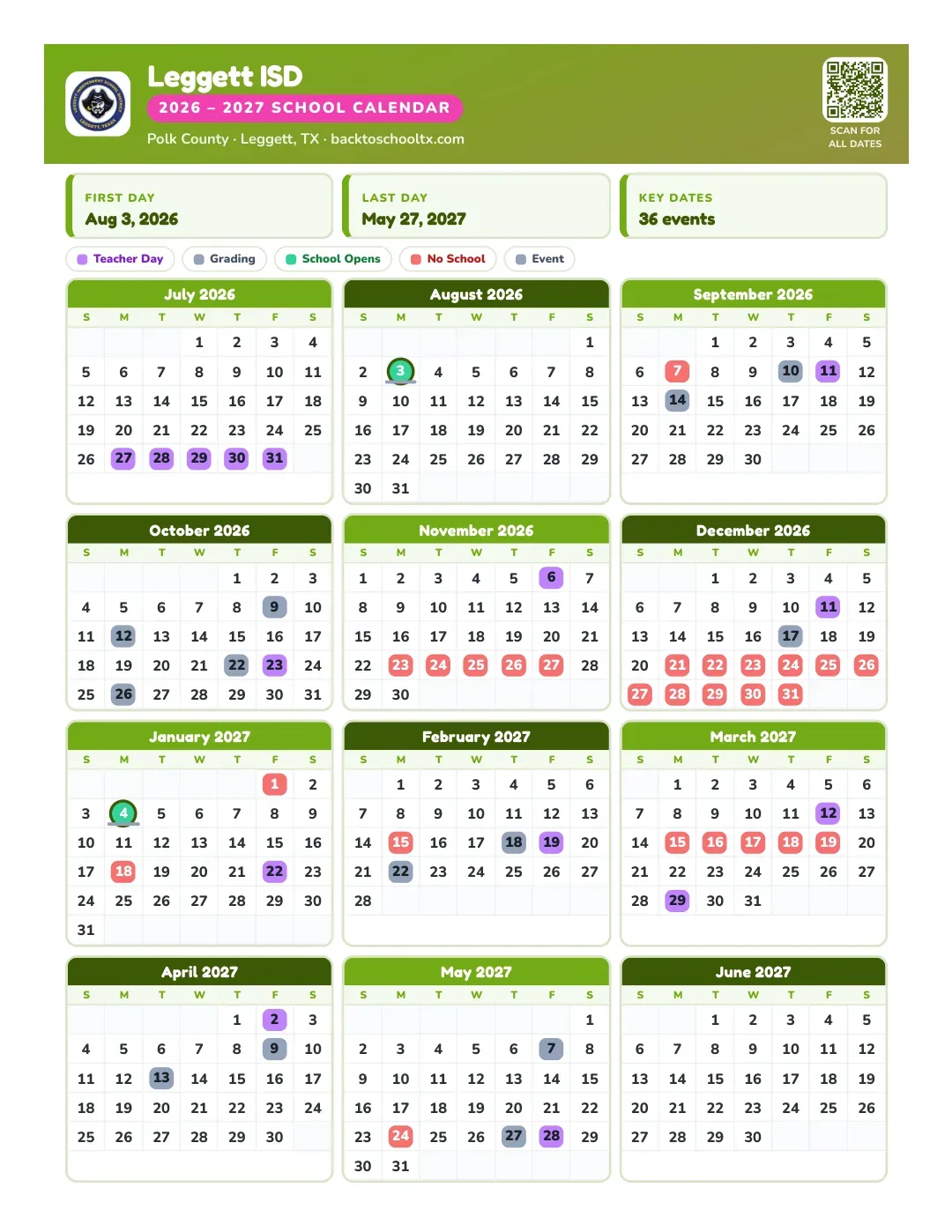 Leggett ISD Calendar for the Year 26-27