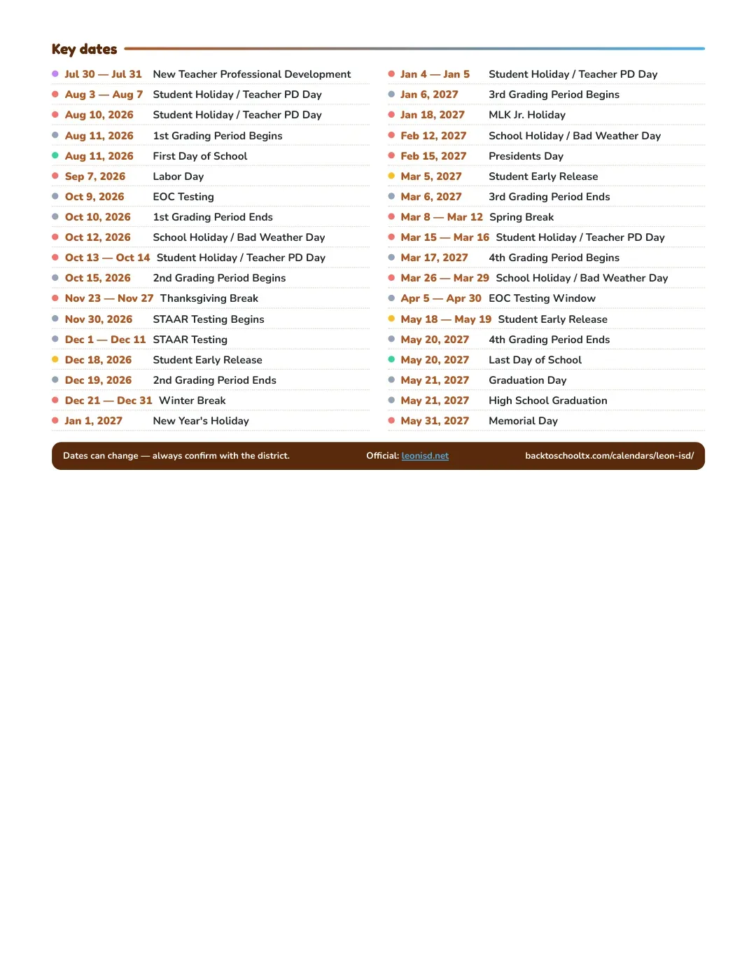 Leon ISD Calendar for the Year 26-27 — key dates