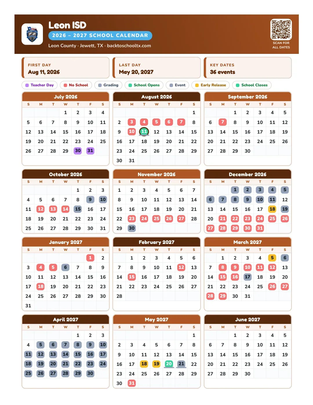 Leon ISD Calendar for the Year 26-27
