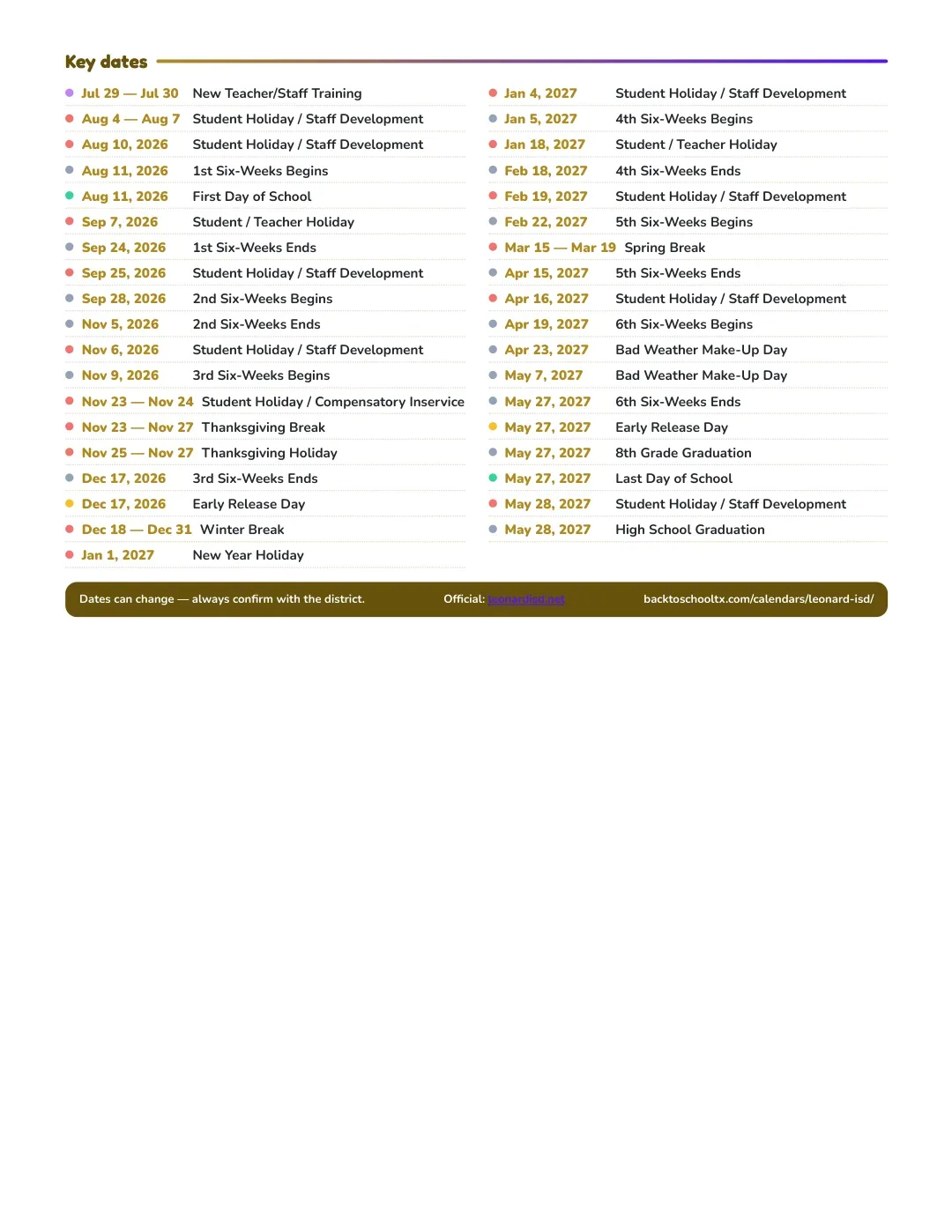Leonard ISD Calendar for the Year 26-27 — key dates