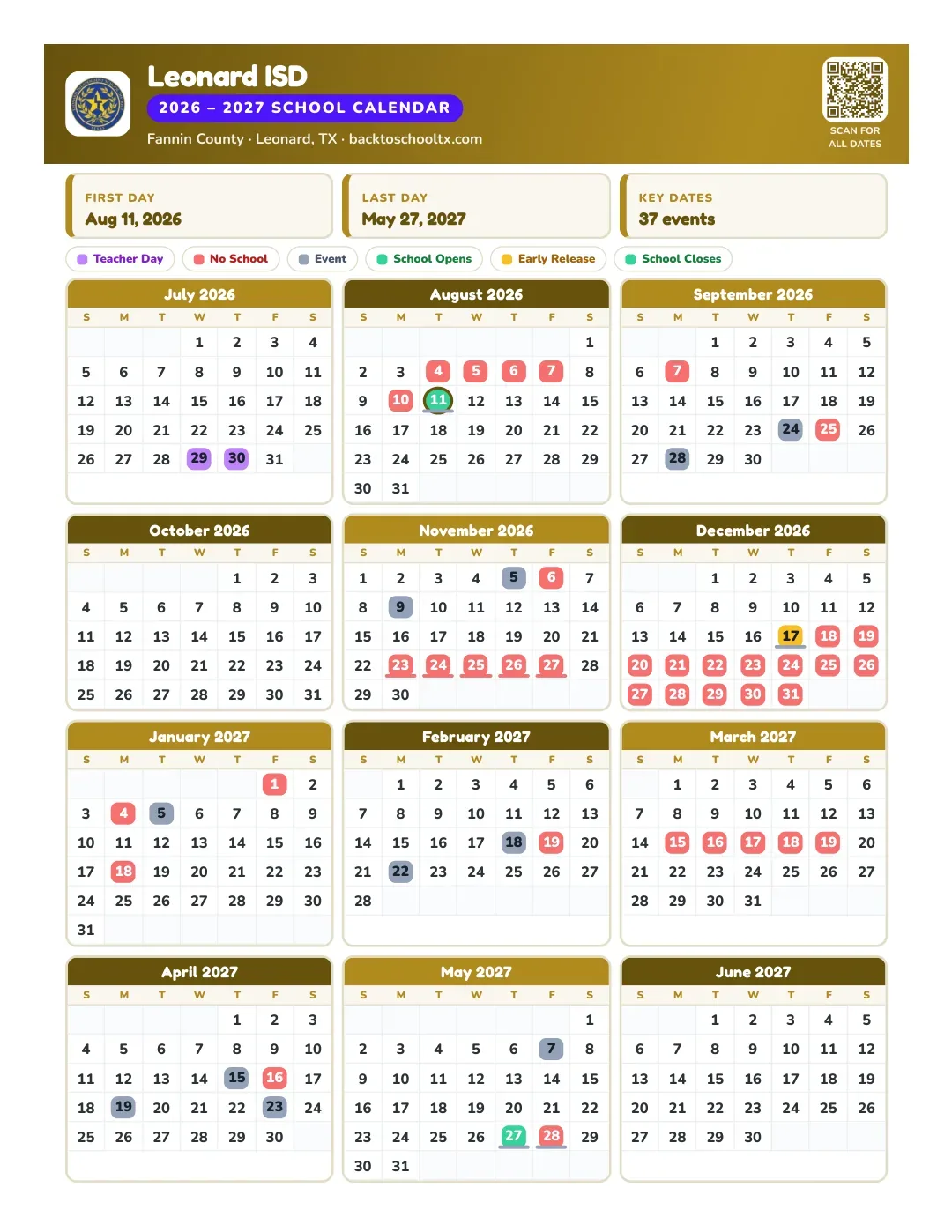 Leonard ISD Calendar for the Year 26-27