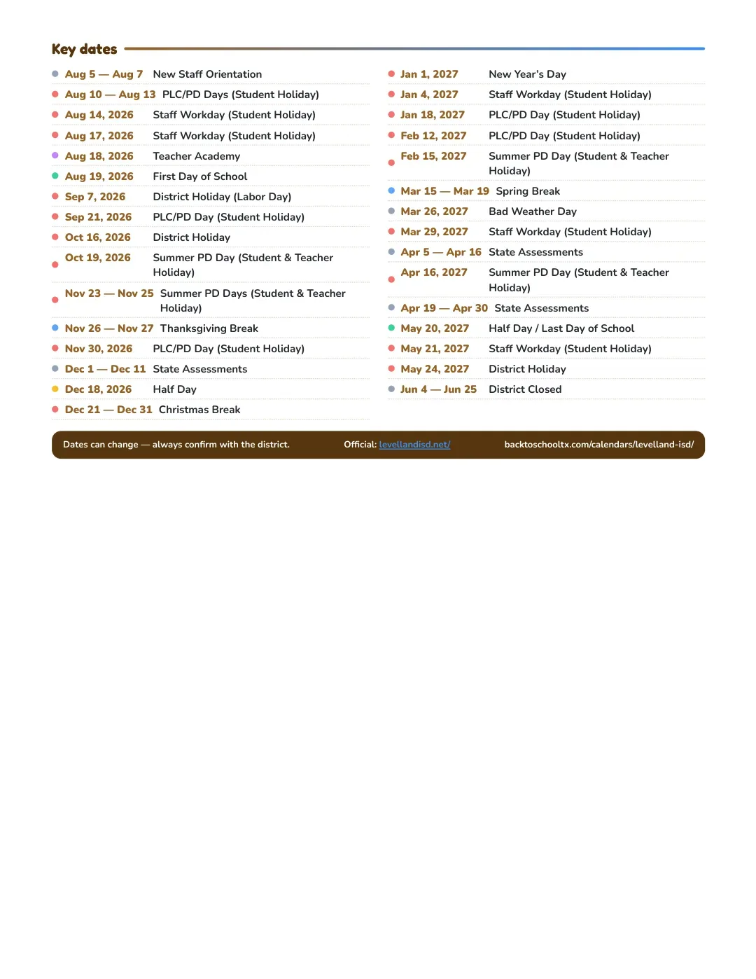 Levelland ISD Calendar for the Year 26-27 — key dates