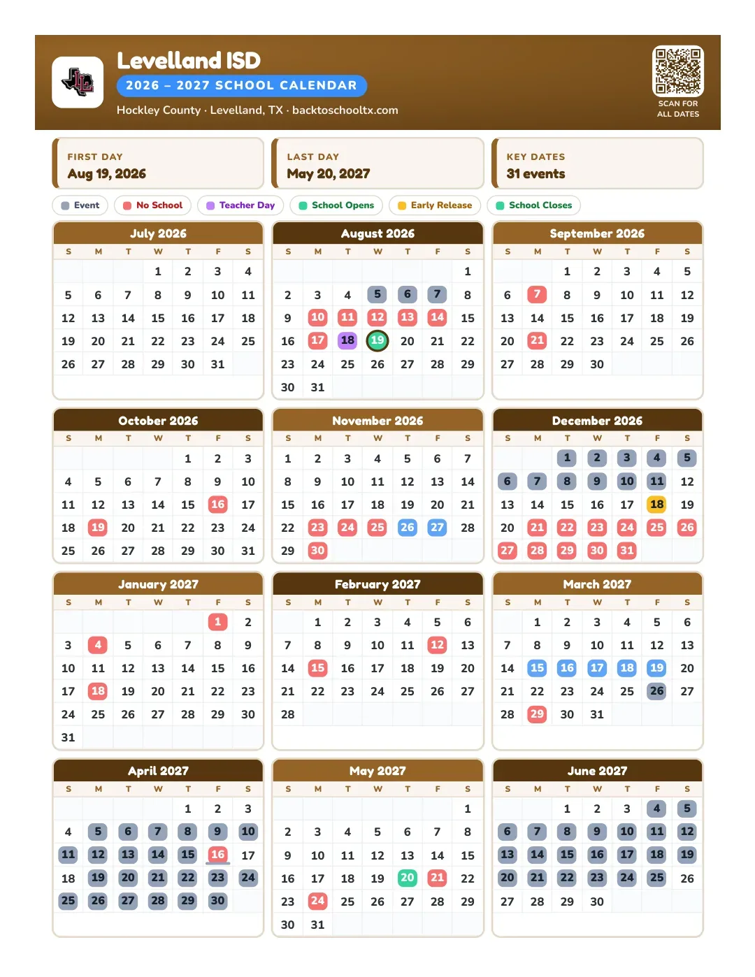 Levelland ISD Calendar for the Year 26-27