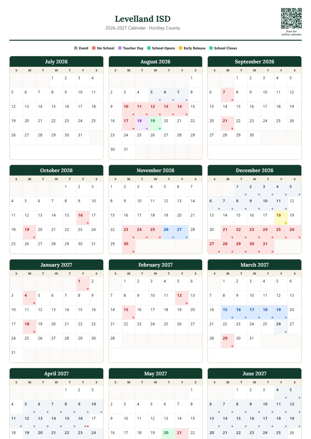 Levelland ISD printable 2026–2027 calendar