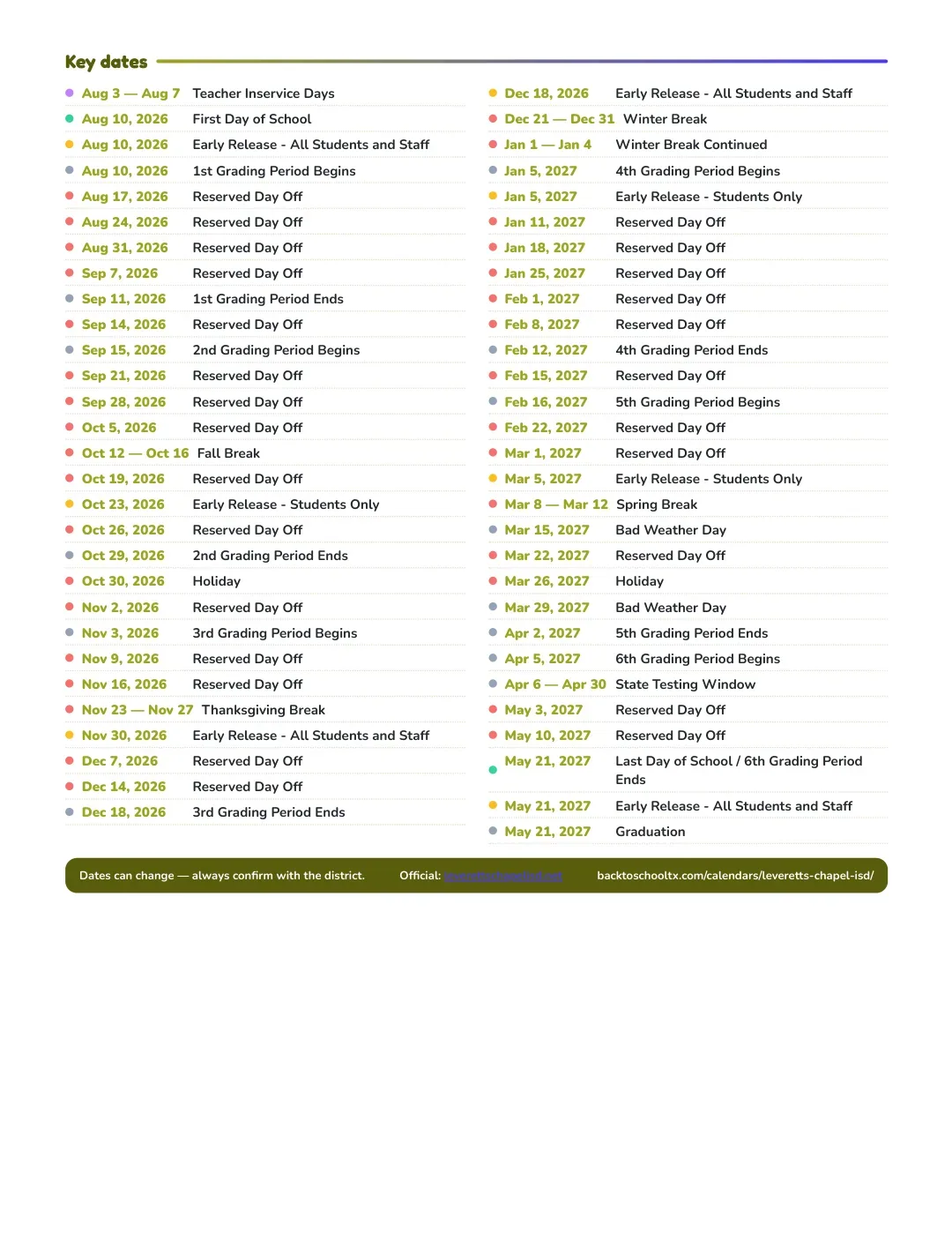 Leveretts Chapel ISD Calendar for the Year 26-27 — key dates