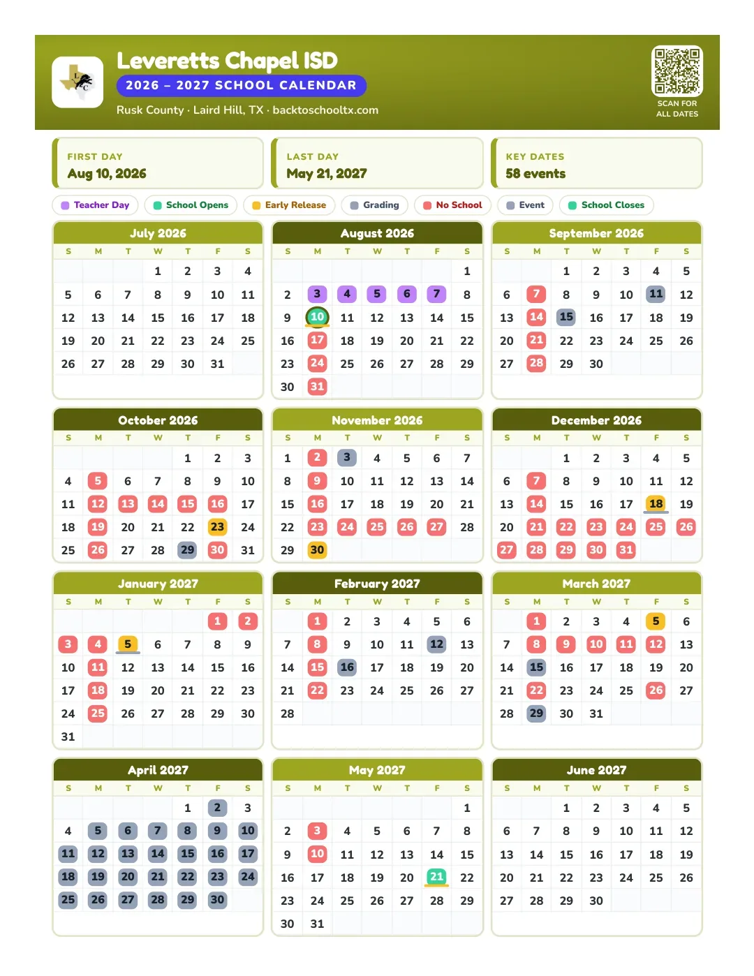 Leveretts Chapel ISD Calendar for the Year 26-27