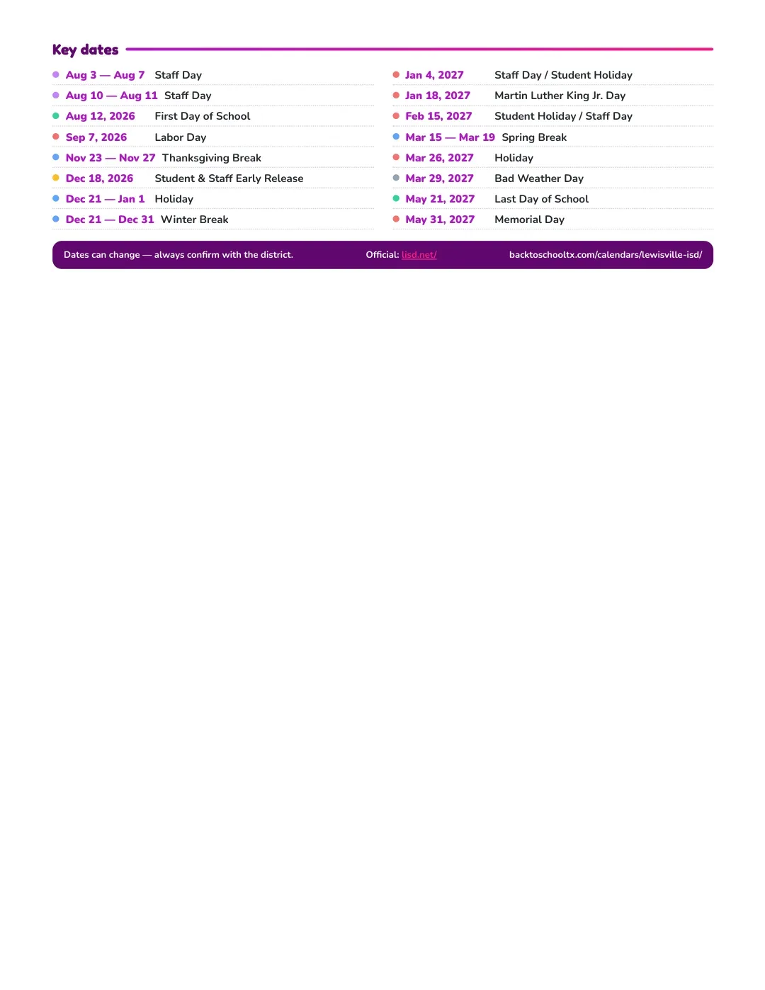 Lewisville ISD Calendar for the Year 26-27 — key dates