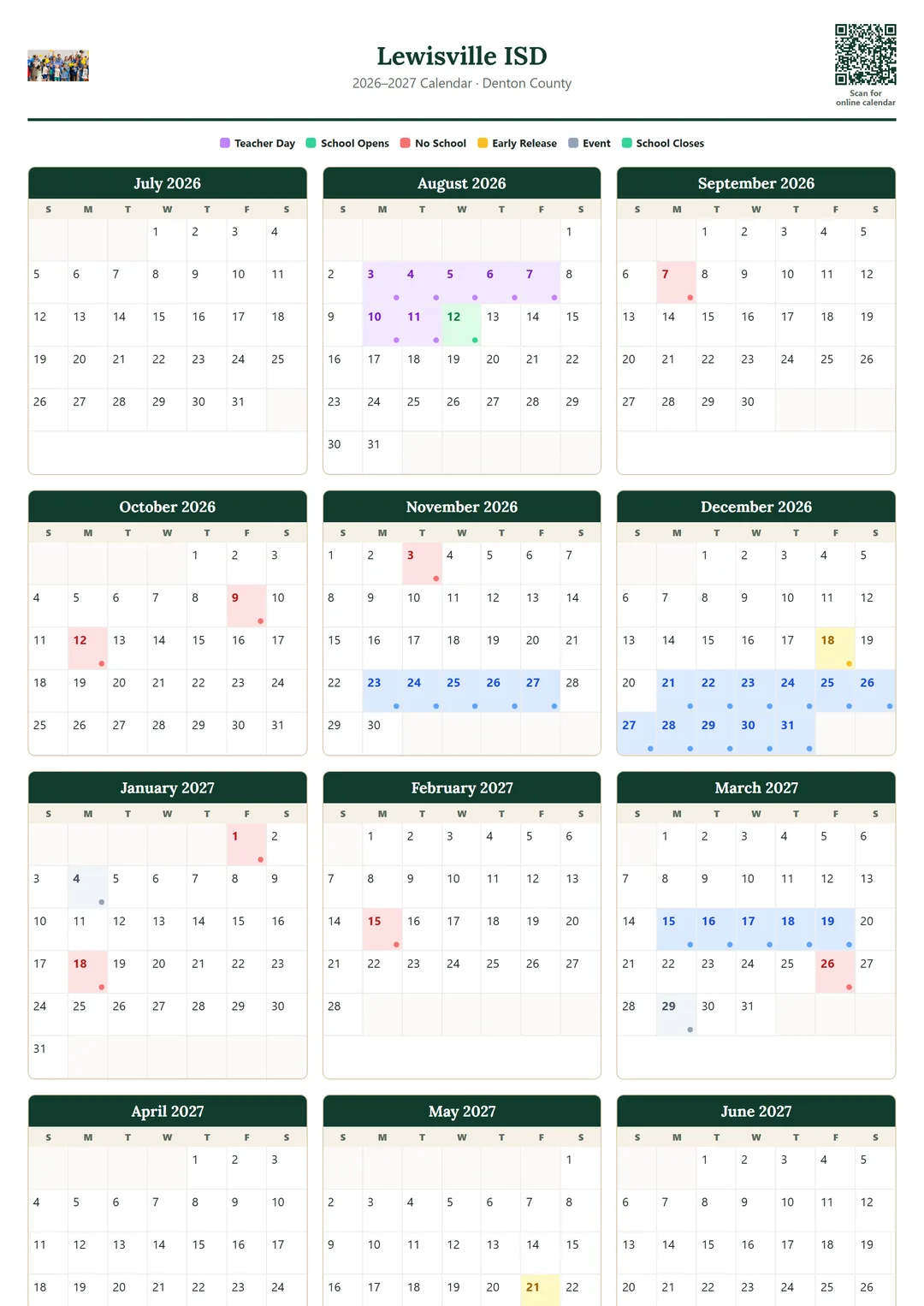 Lewisville ISD printable 2026–2027 calendar