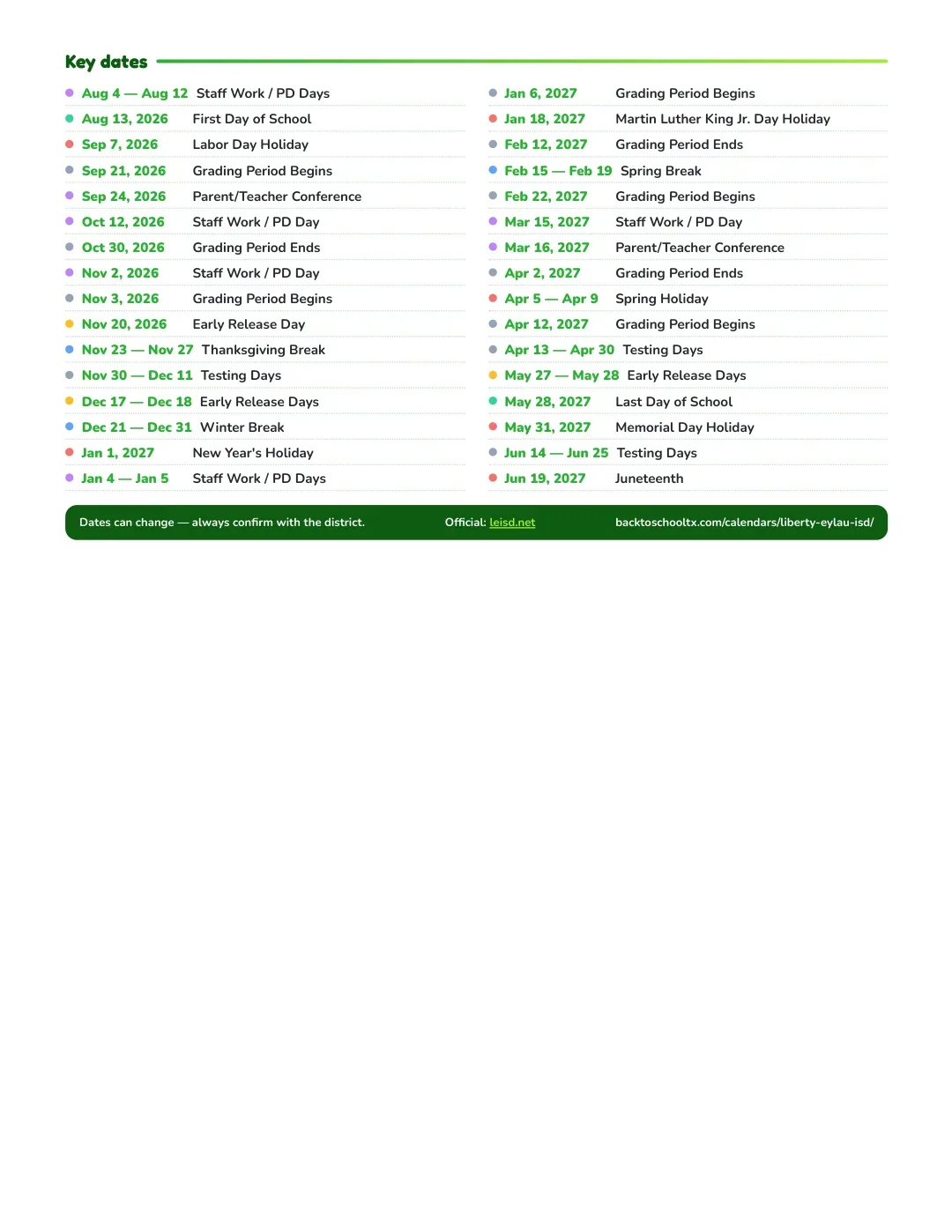 Liberty-eylau ISD Calendar for the Year 26-27 — key dates