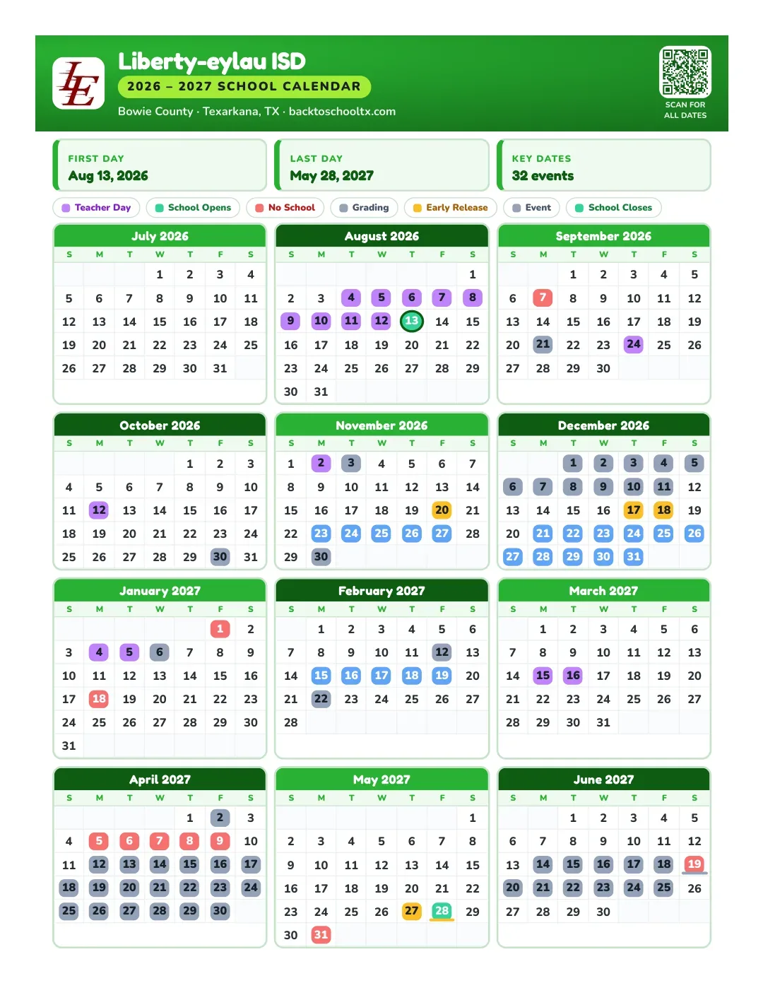 Liberty-eylau ISD Calendar for the Year 26-27