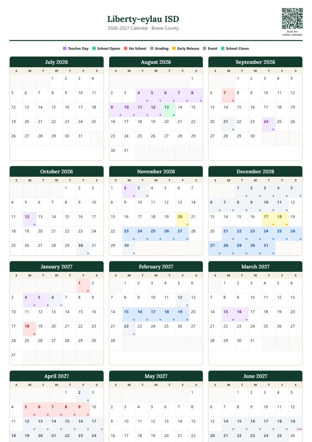 Liberty-eylau ISD printable 2026–2027 calendar