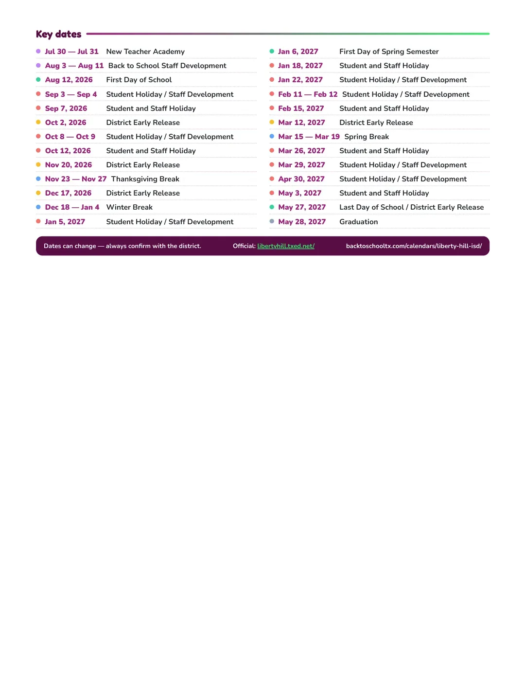 Liberty Hill ISD Calendar for the Year 26-27 — key dates