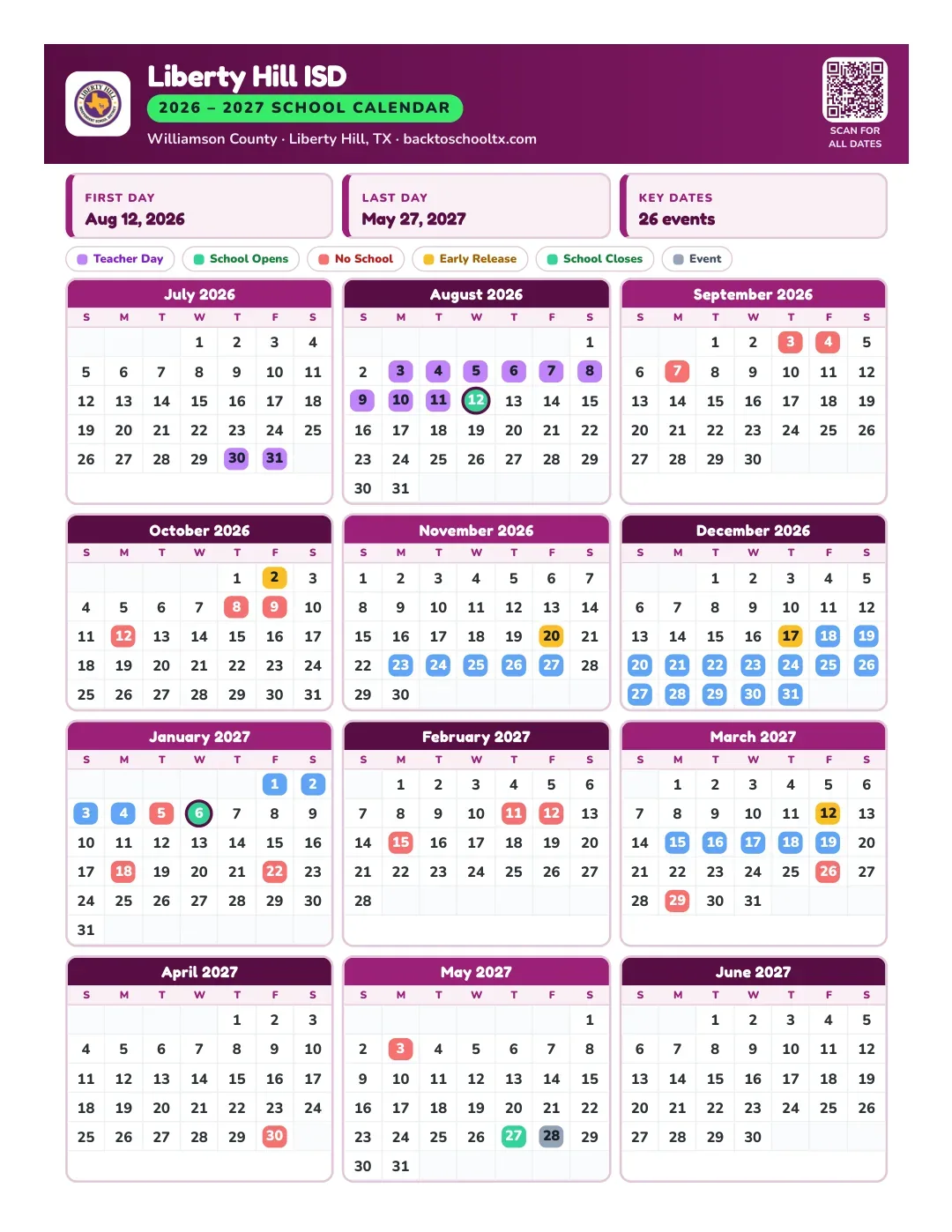 Liberty Hill ISD Calendar for the Year 26-27