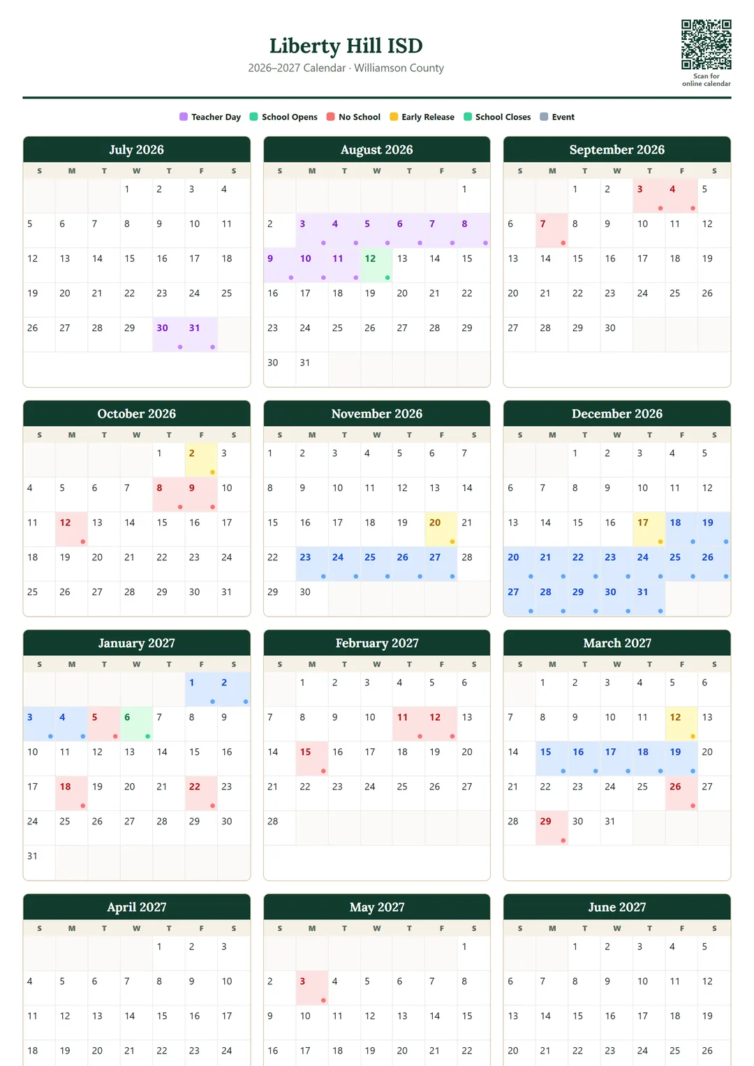Liberty Hill ISD printable 2026–2027 calendar