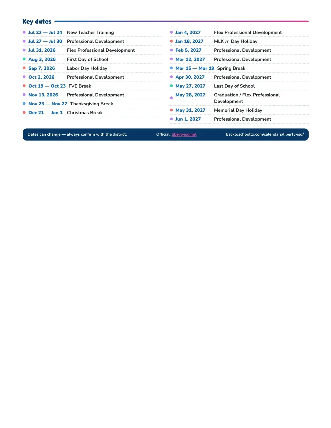 Liberty ISD Calendar for the Year 26-27 — key dates