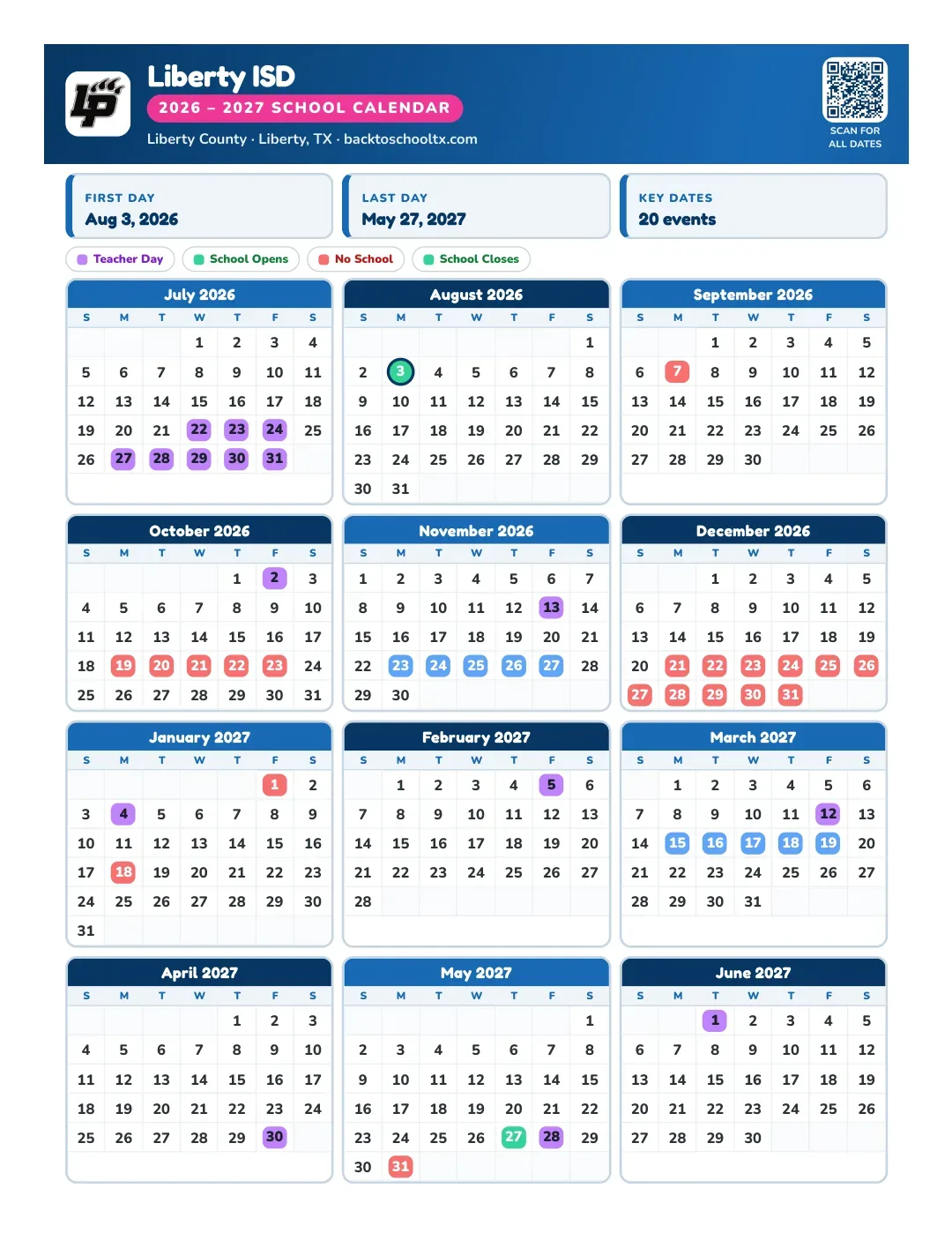 Liberty ISD Calendar for the Year 26-27