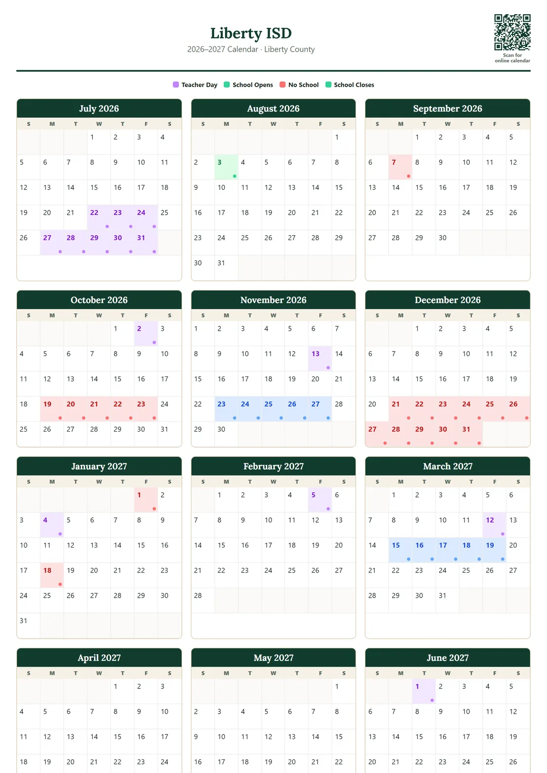 Liberty ISD printable 2026–2027 calendar