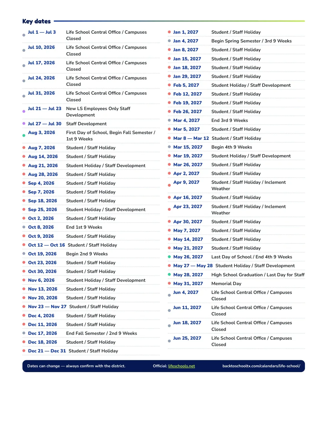 Life School Calendar for the Year 26-27 — key dates