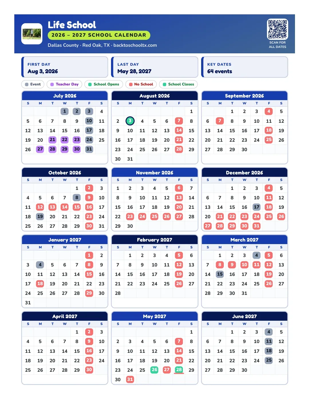 Life School Calendar for the Year 26-27