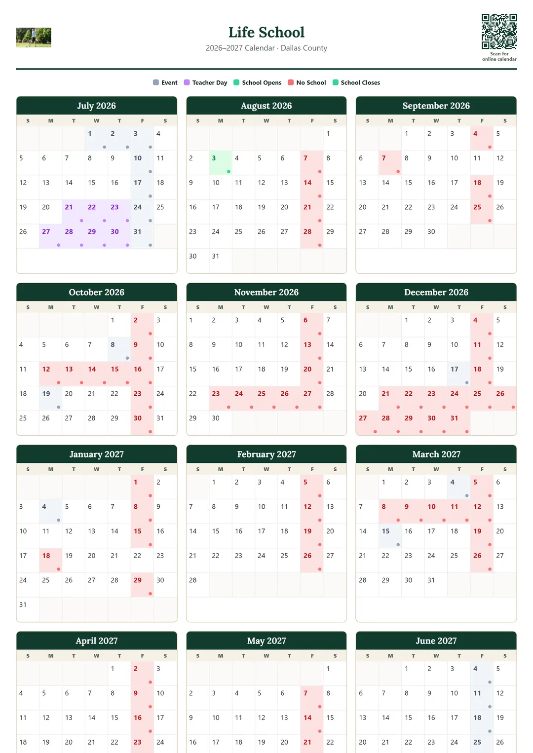Life School printable 2026–2027 calendar