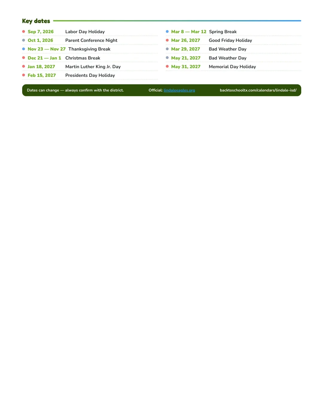 Lindale ISD Calendar for the Year 26-27 — key dates