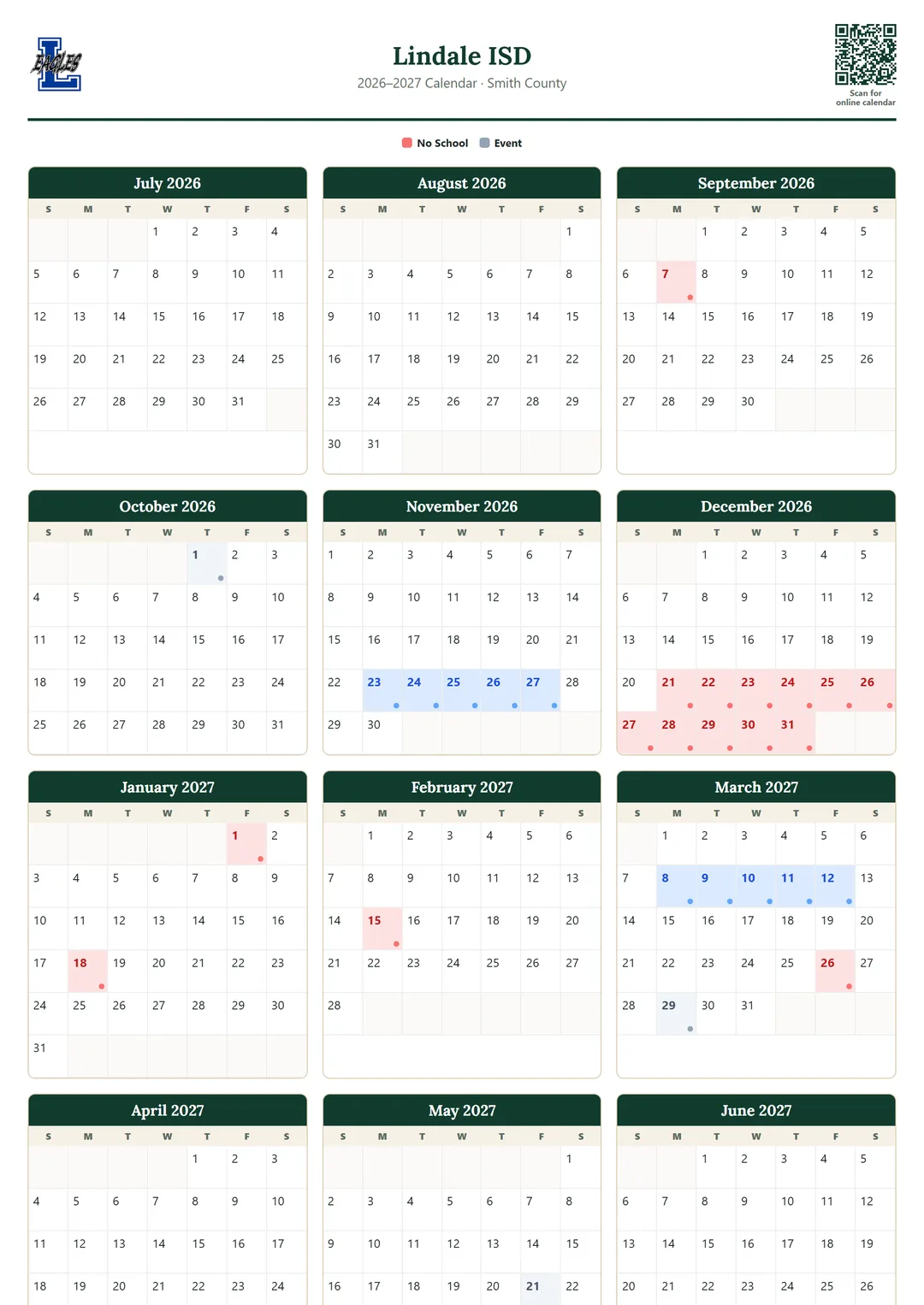 Lindale ISD printable 2026–2027 calendar