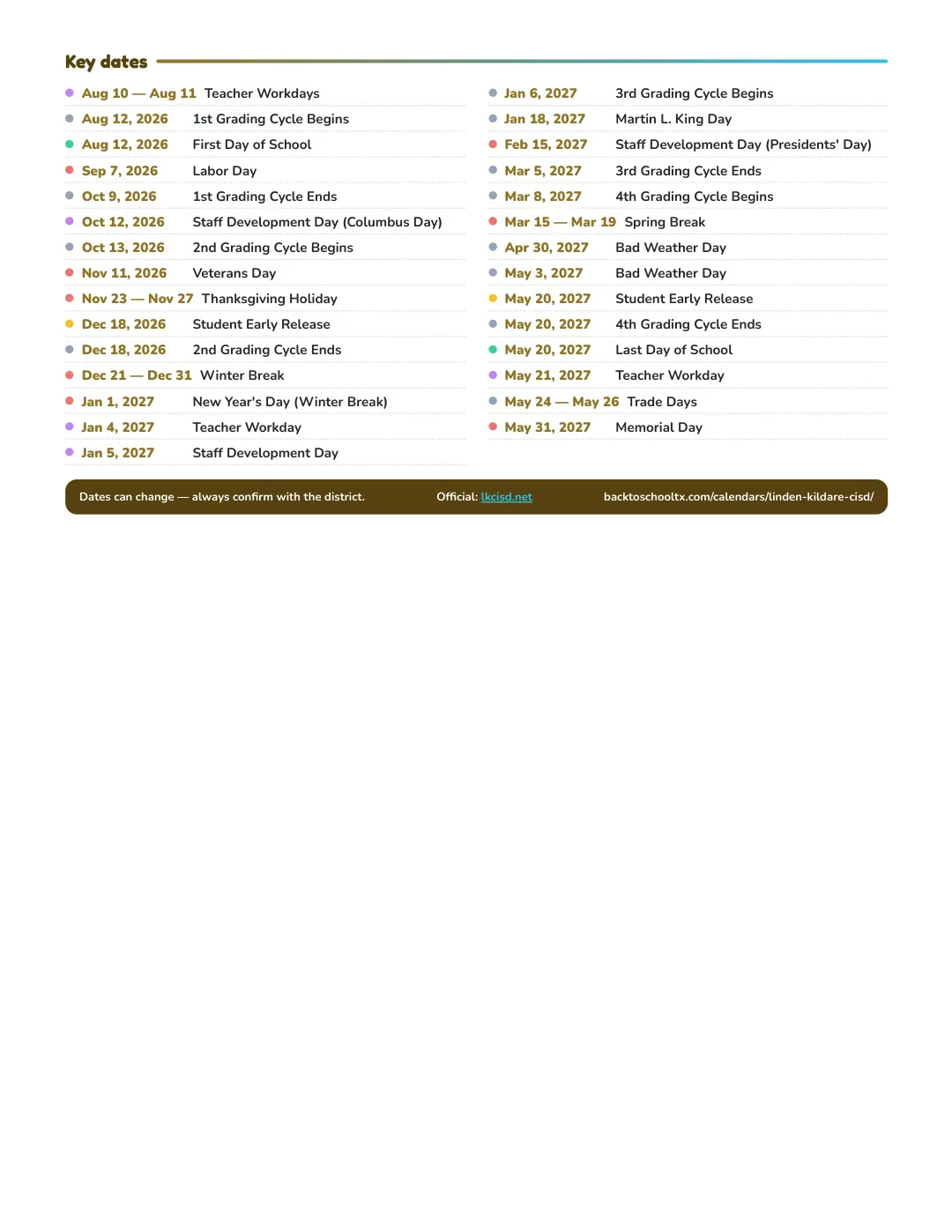 Linden-kildare CISD Calendar for the Year 26-27 — key dates